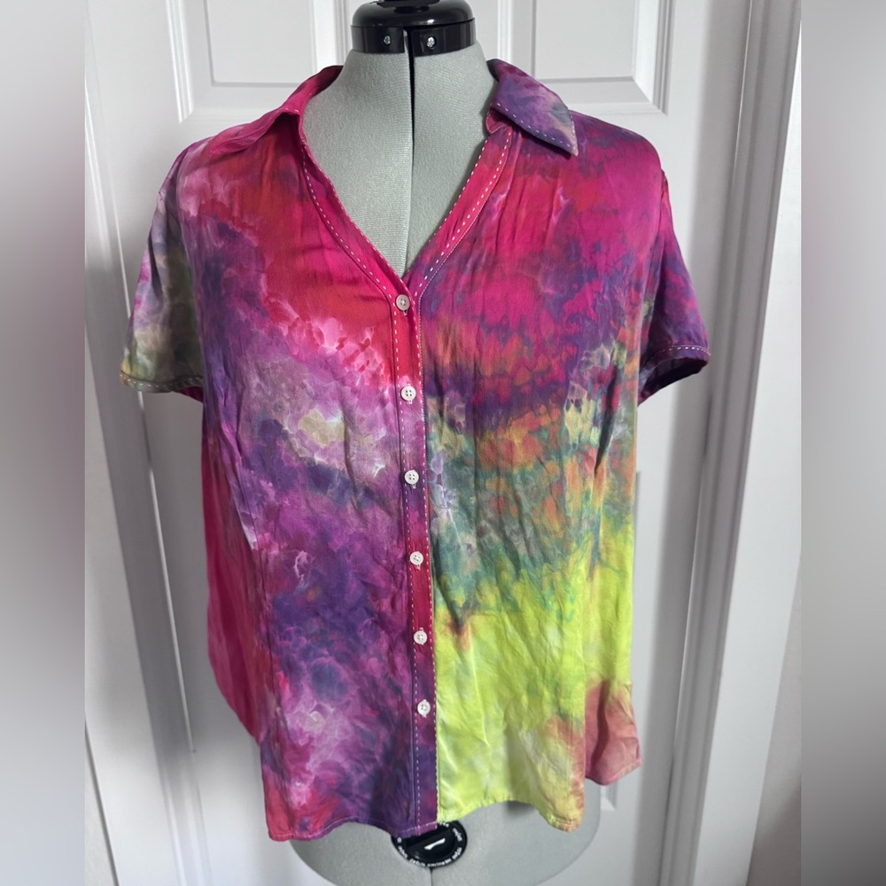 Silk Multi-Color Tie-Dye Short Sleeve Button Front Shirt